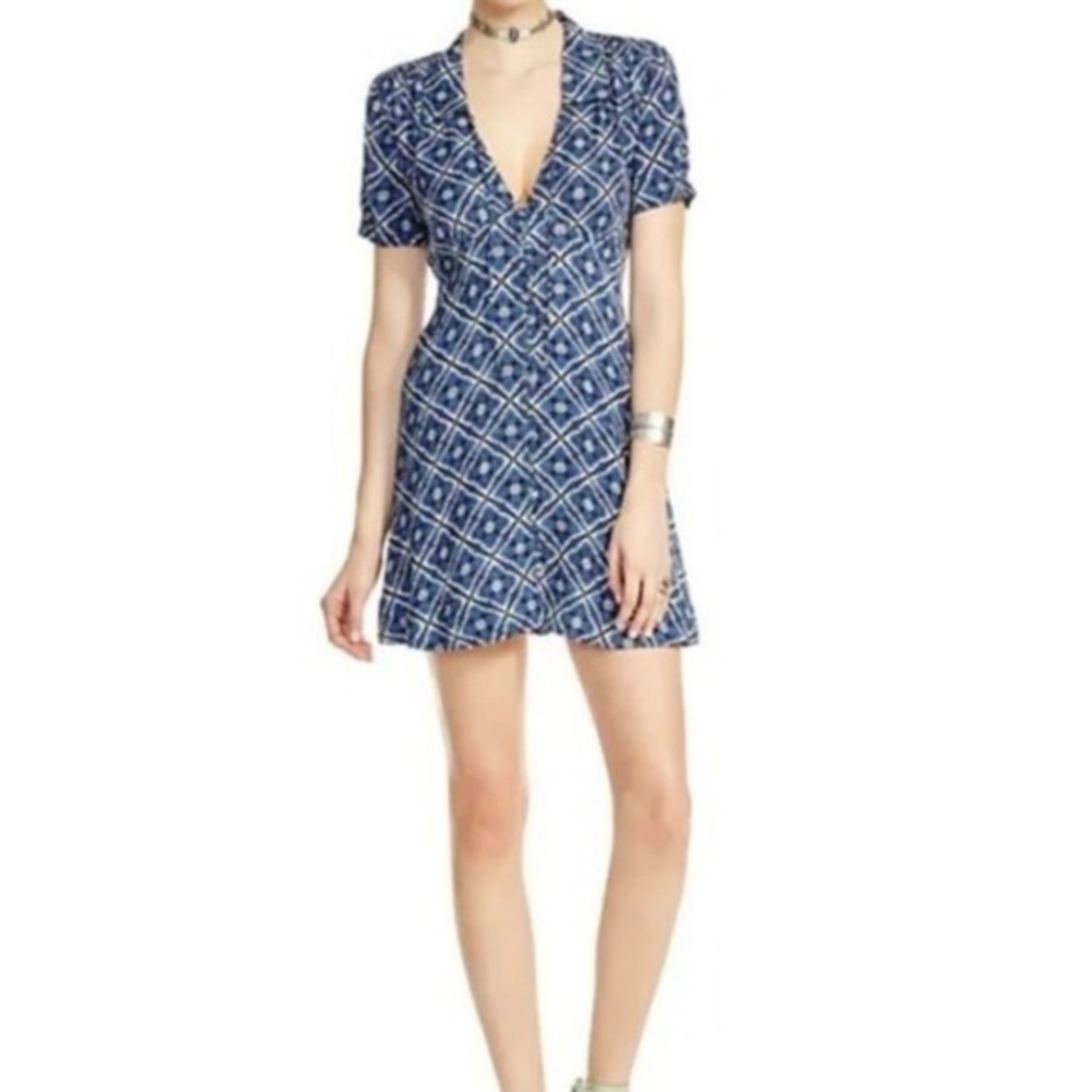Free People Melody Blue Black Mosaic Geometric Mini Dress Size 0 Short Sleeve